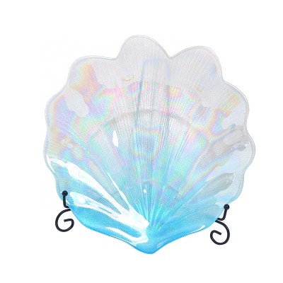 unique beautiful elegant shell petal shape Clear Iridescent Light Blue Glass Charger 13 Inch Dinner Plate Dish